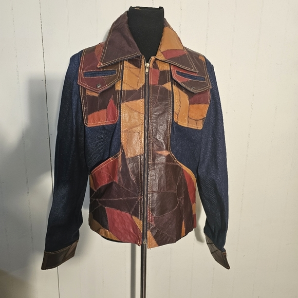 70's Vintage Leather Patchwork & Denim Unisex Jacket Full Zip Sz L